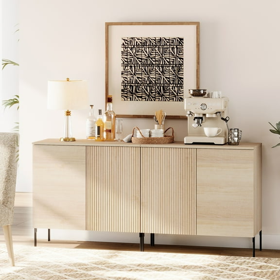 63" Wooden 4 Doors Sideboard with Reeded Design, 2-In-1 Modern Credenza Storage Cabinet for Kitchen, Dining Room