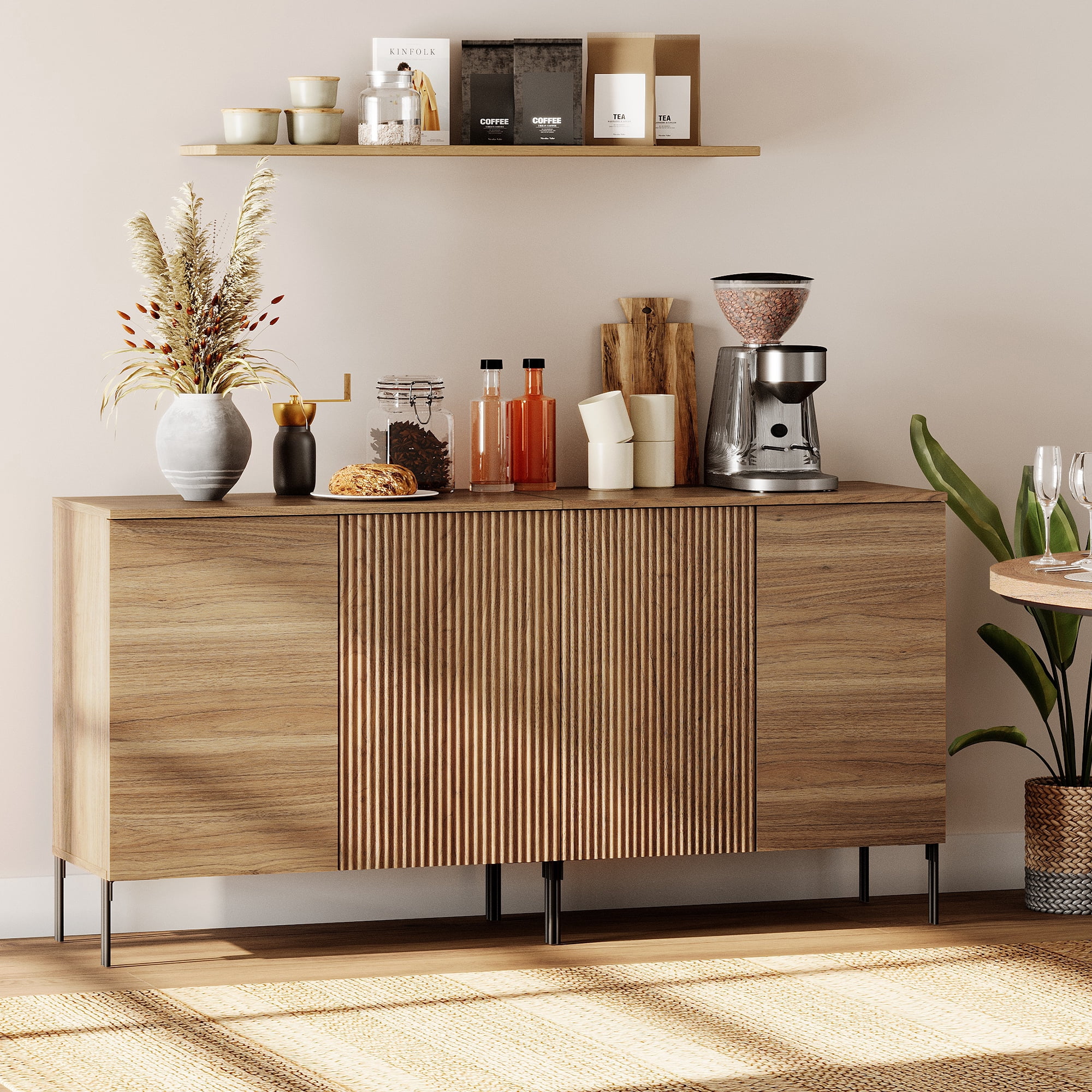 63" Wooden 4 Doors Sideboard with Reeded Design, 2-In-1 Modern Credenza Storage Cabinet for Kitchen, Dining Room