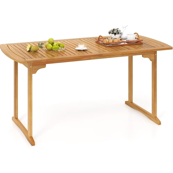 63 Wooden Outdoor Dining Table - Acacia Wood Rectangular Patio Table for 4-6 People w/Umbrella Hole & Slatted Tabletop, Farmhouse Furniture for Pool Backyard Garden Porch (U-Shaped Leg)