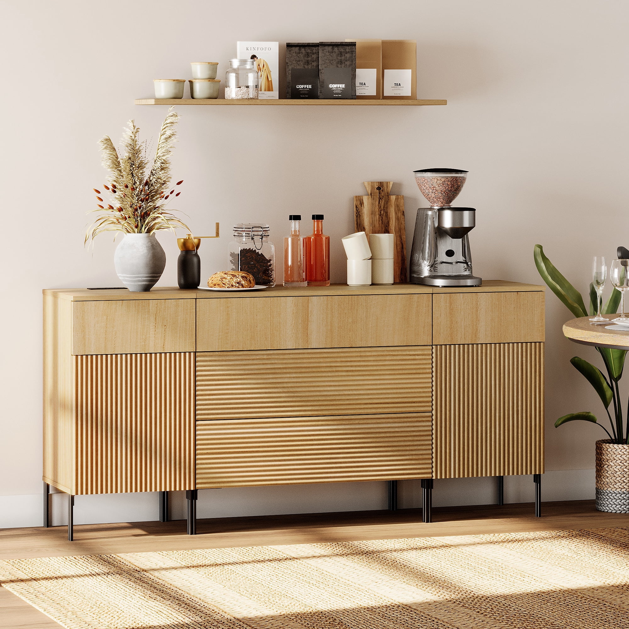 63" Wooden Reeded Sideboard with Built-in Charging Station, 3-In-1 Modern Credenza Storage Cabinet for Kitchen, Dining Room