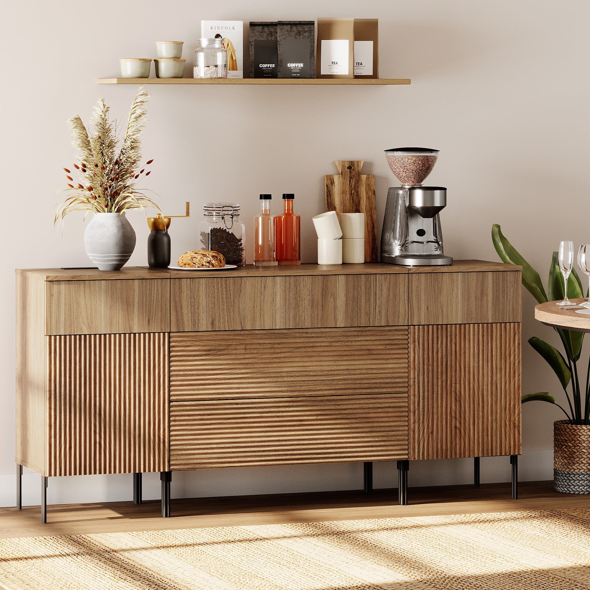 63" Wooden Reeded Sideboard with Built-in Charging Station, 3-In-1 Modern Credenza Storage Cabinet for Kitchen, Dining Room