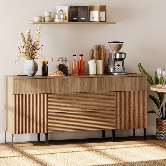 63" Wooden Reeded Sideboard with Built-in Charging Station, 3-In-1 Modern Credenza Storage Cabinet for Kitchen, Dining Room