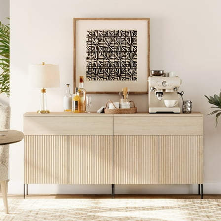 63" Wooden Reeded Sideboard with Doors and Drawers, 2-In-1 Modern Credenza Storage Cabinet for Kitchen, Dining Room