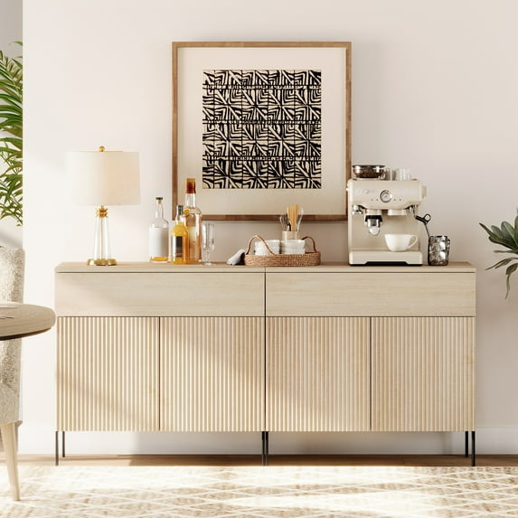 63" Wooden Reeded Sideboard with Doors and Drawers, 2-In-1 Modern Credenza Storage Cabinet for Kitchen, Dining Room