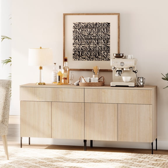 63" Wooden Reeded Sideboard with Doors and Drawers, 2-In-1 Modern Credenza Storage Cabinet for Kitchen, Dining Room