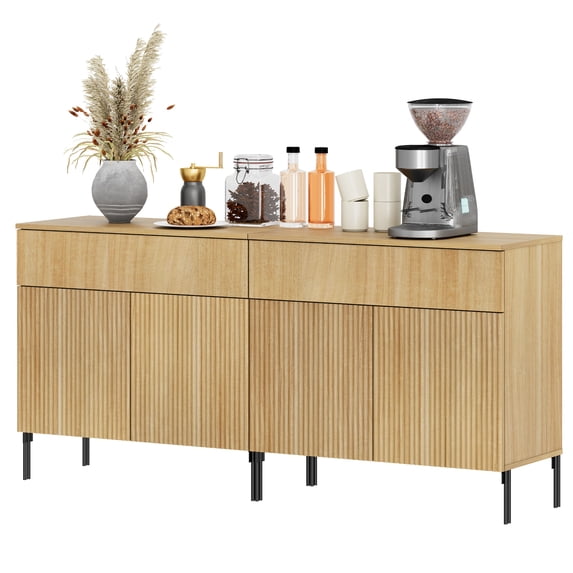 63" Wooden Reeded Sideboard with Doors and Drawers, 2-In-1 Modern Credenza Storage Cabinet for Kitchen, Dining Room