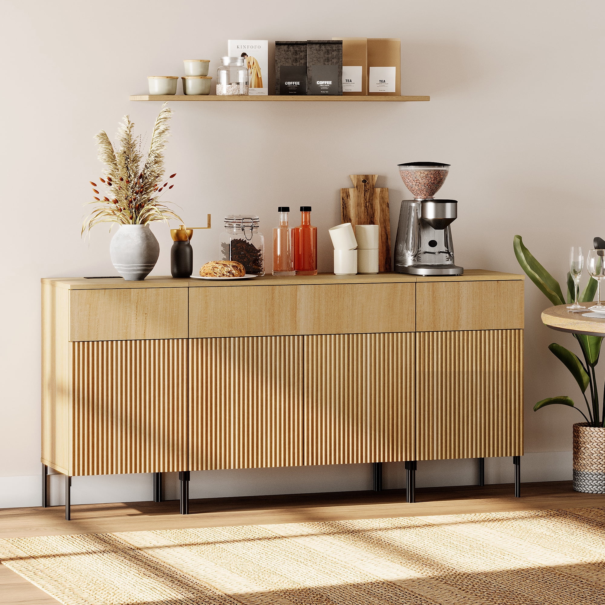 63" Wooden Reeded Sideboard with Doors and Drawers, 3-In-1 Modern Credenza with Charging Station for Kitchen, Dining Room