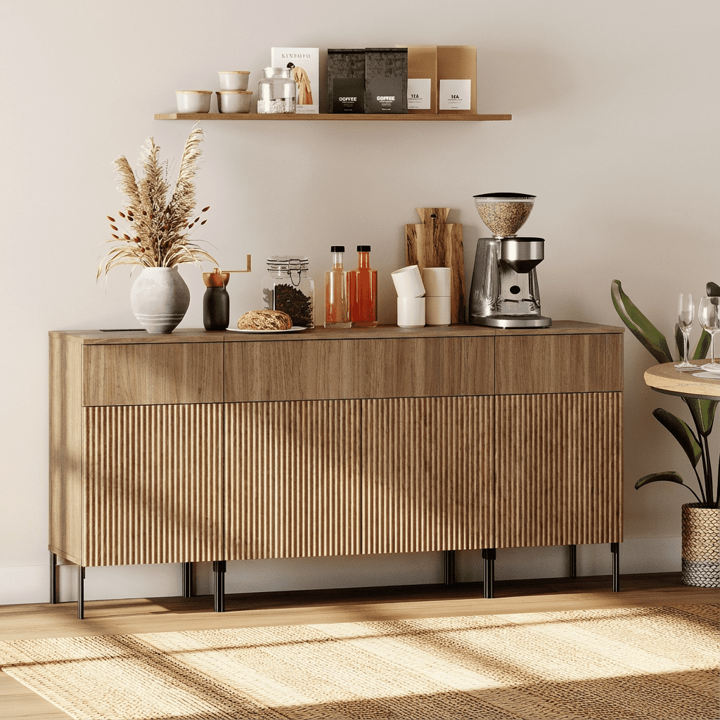 63" Wooden Reeded Sideboard with Doors and Drawers, 3-In-1 Modern Credenza with Charging Station for Kitchen, Dining Room