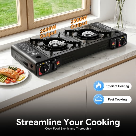 63 X 26 X 12cm Double Burner Gas Stove, BDZ-2*168, 2500W Per Burner with Portable Storage Box, for Outdoor Barbecue Cooking