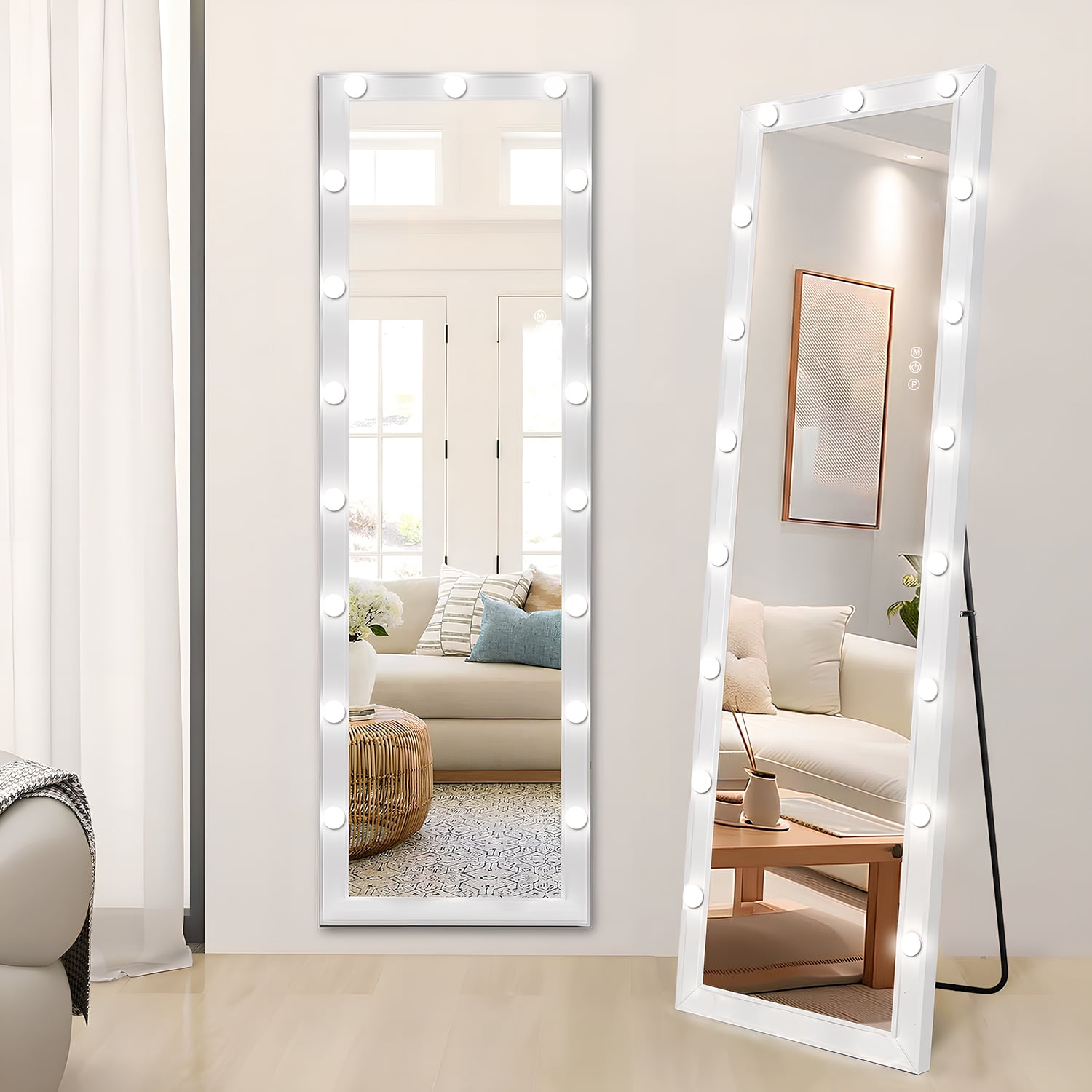 63"X20" Full Length Mirror with Lights - Large Wall Mounted/Standing Floor Mirror, 17 LED Bulbs, 3 Color Modes & Smart Touch, Ultra-Thin Frame - Perfect for Bedroom, Living Room Decor (White)
