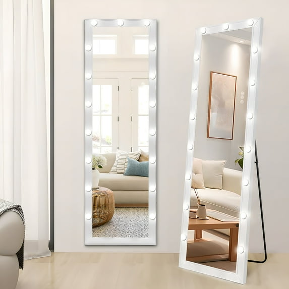 63"X20" Full Length Mirror with Lights - Large Wall Mounted/Standing Floor Mirror, 17 LED Bulbs, 3 Color Modes & Smart Touch, Ultra-Thin Frame - Perfect for Bedroom, Living Room Decor (White)