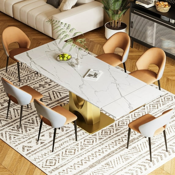 63 in-86 in Extendable Dining Table Set for 4-8, Faux Marble Kitchen Table with Golden Base, Modern Rectangular Dinner Room Table with PU Leather Upholstered Chairs(Table + 6 Orange Chairs)