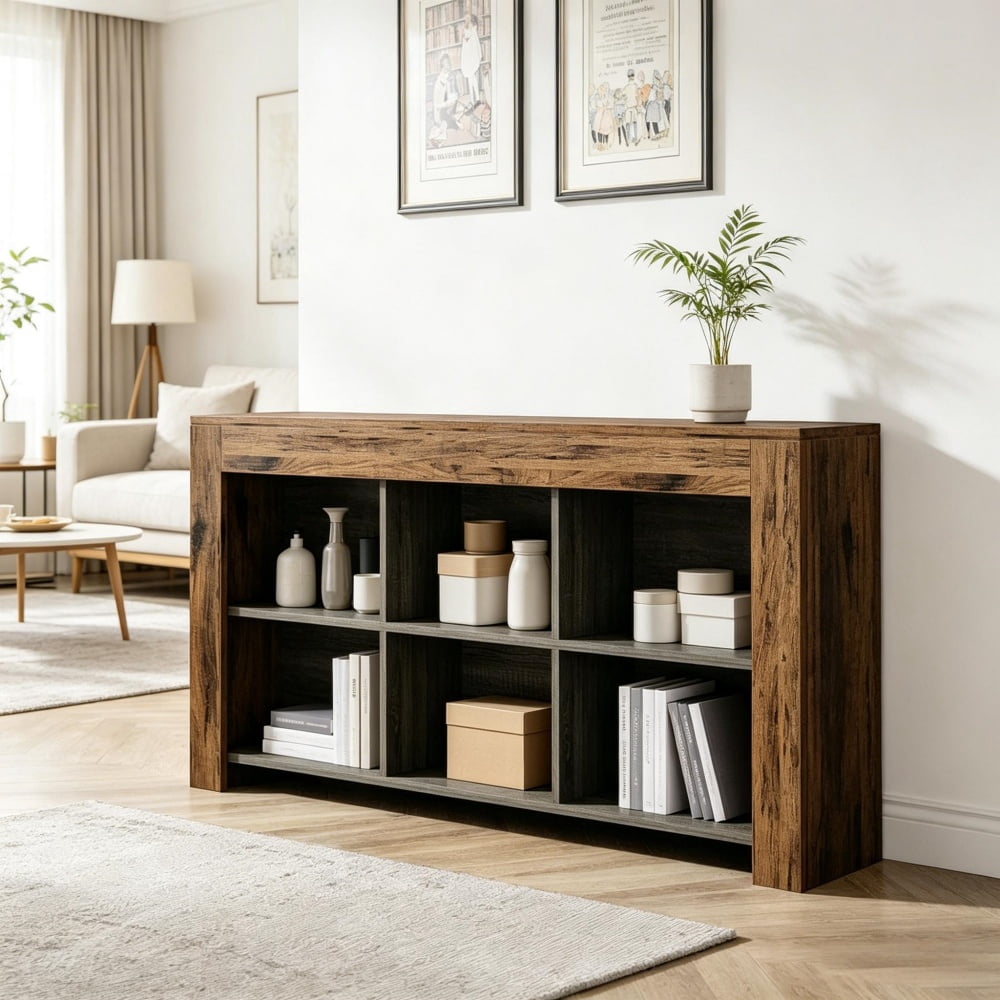 63 in Horizontal Bookshelf with 6 Storage Cubes, MDF, Rustic Industrial Style