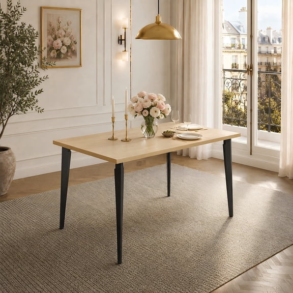 63 in Rectangular Dining Table, Natural Wood MDF Top with Iron Legs for Dining Room