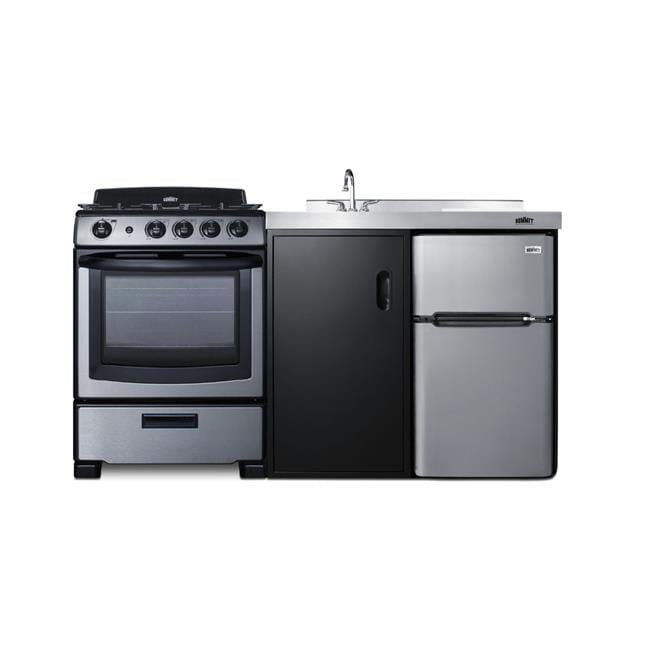 Summit 63" Black and Stainless Steel All-In-One Kitchenette with Gas Range