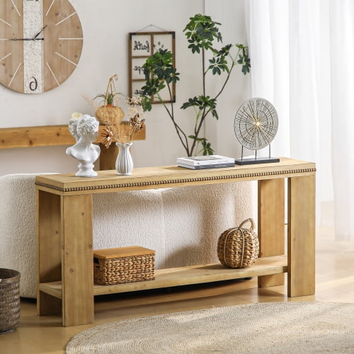 63 inch Boho Console Table with Storage Shelf, Rustic Farmhouse Sofa ...