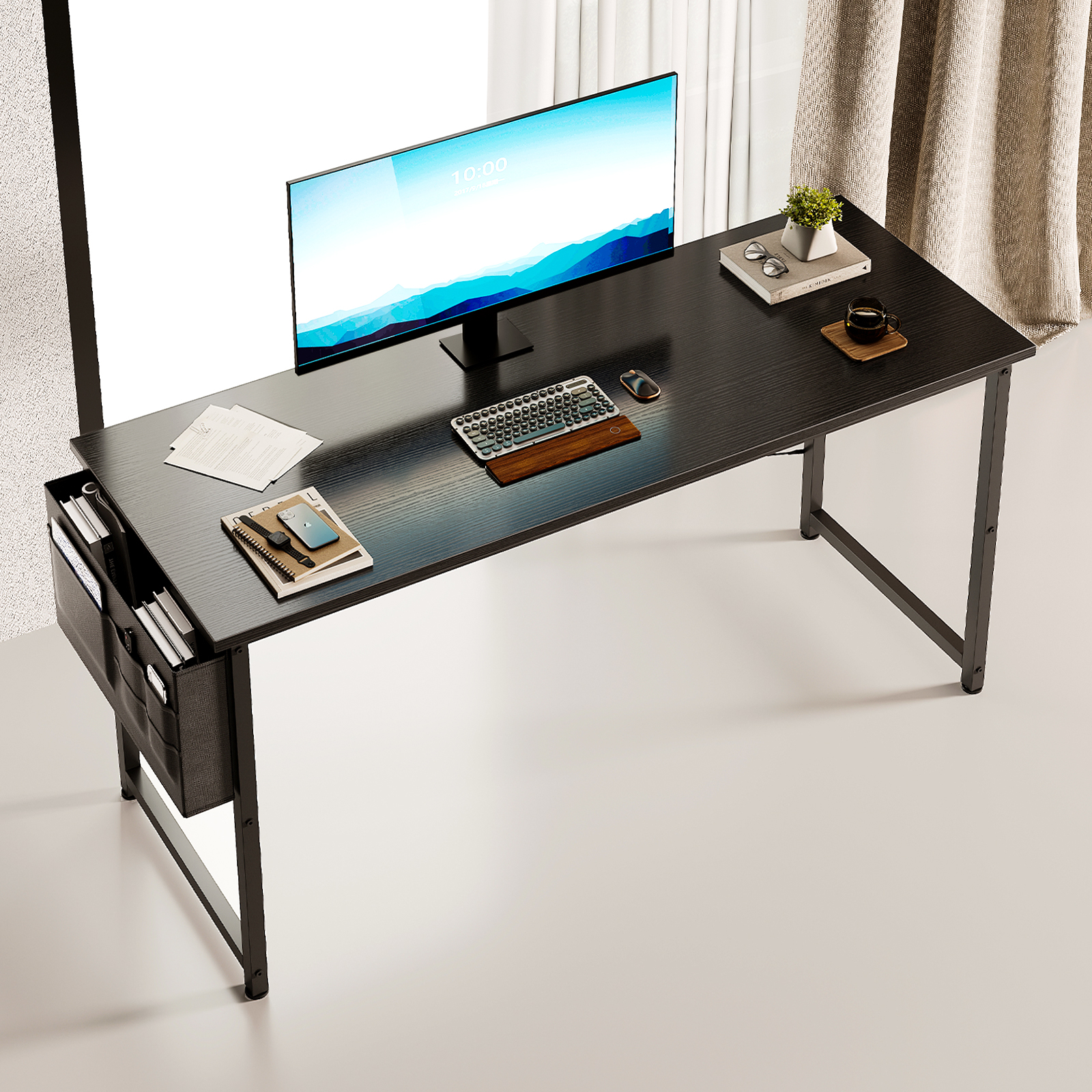 63 inch Computer Desk with Storage Bag, Modern Simple Style Desk for Home Office, Large Study Student Writing Desk, Black - image 1 of 5