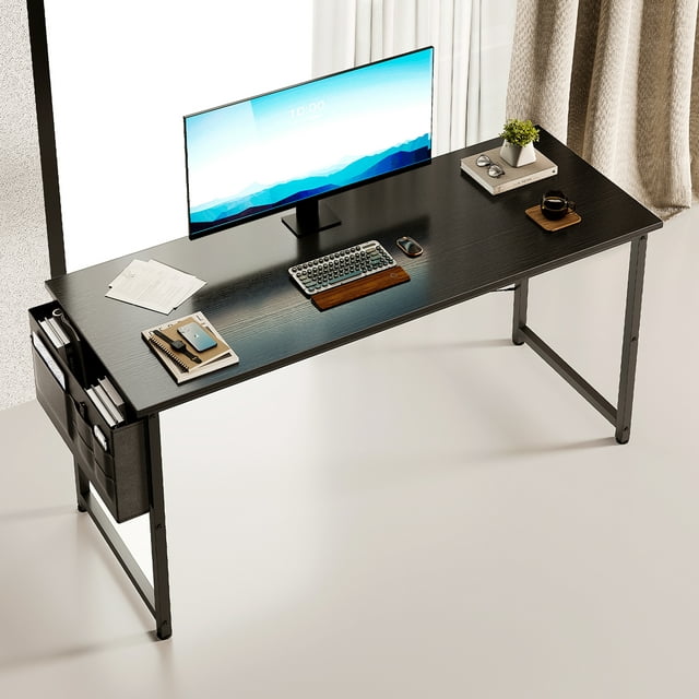 63 inch Computer Desk with Storage Bag, Modern Simple Style Desk for Home Office, Large Study Student Writing Desk, Black