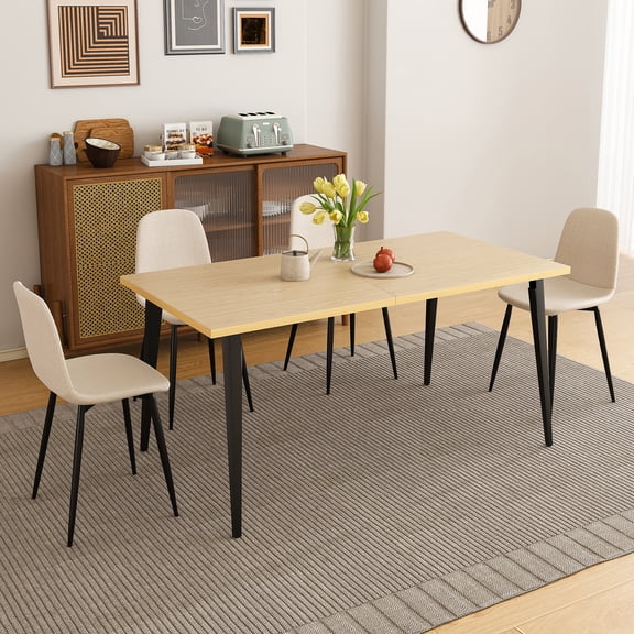 63-inch Farmhouse Industrial Dining Table Set with 4 Beige Chairs, Rust-Resistant Iron Legs, Rectangular Kitchen Table for Dining Room & Patio, Natural Wood