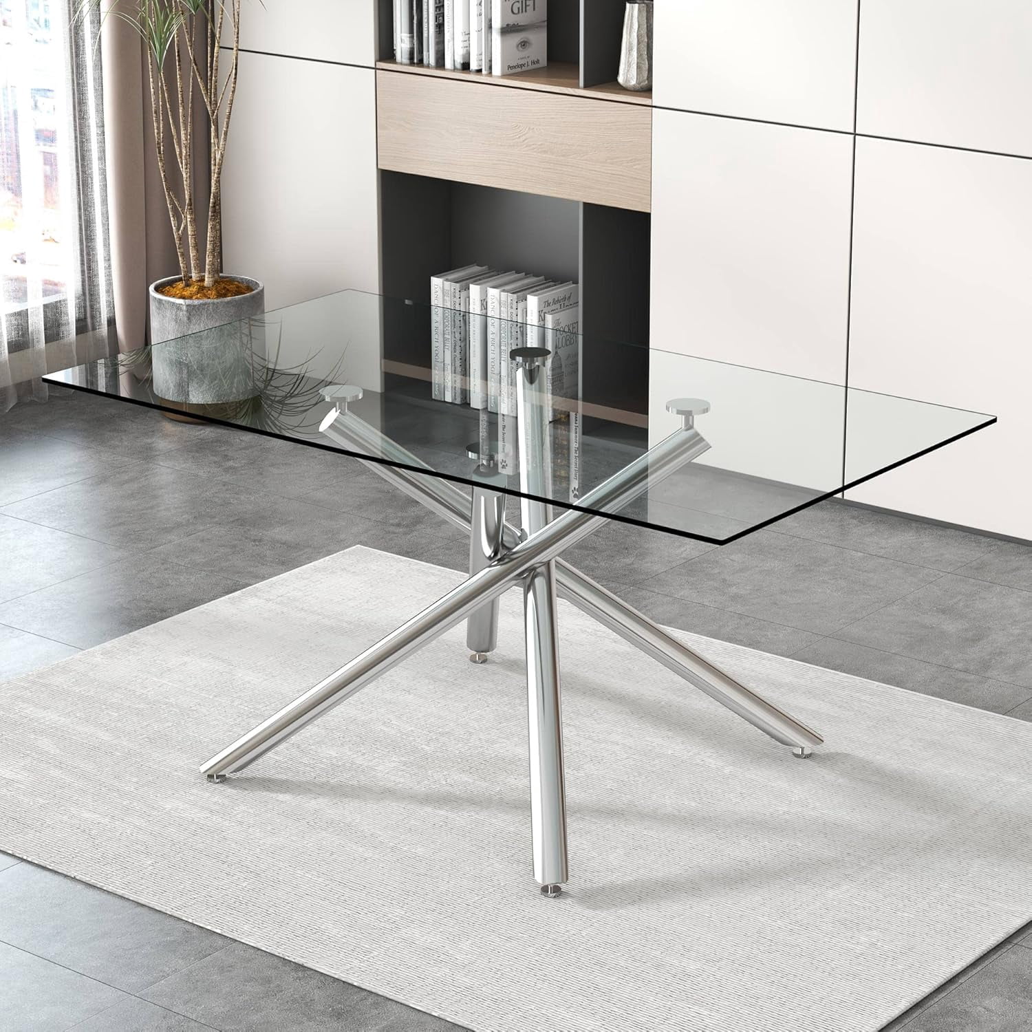 63 inch Glass Dining Table for 6, Silver Legs Rectangular Glass Kitchen ...