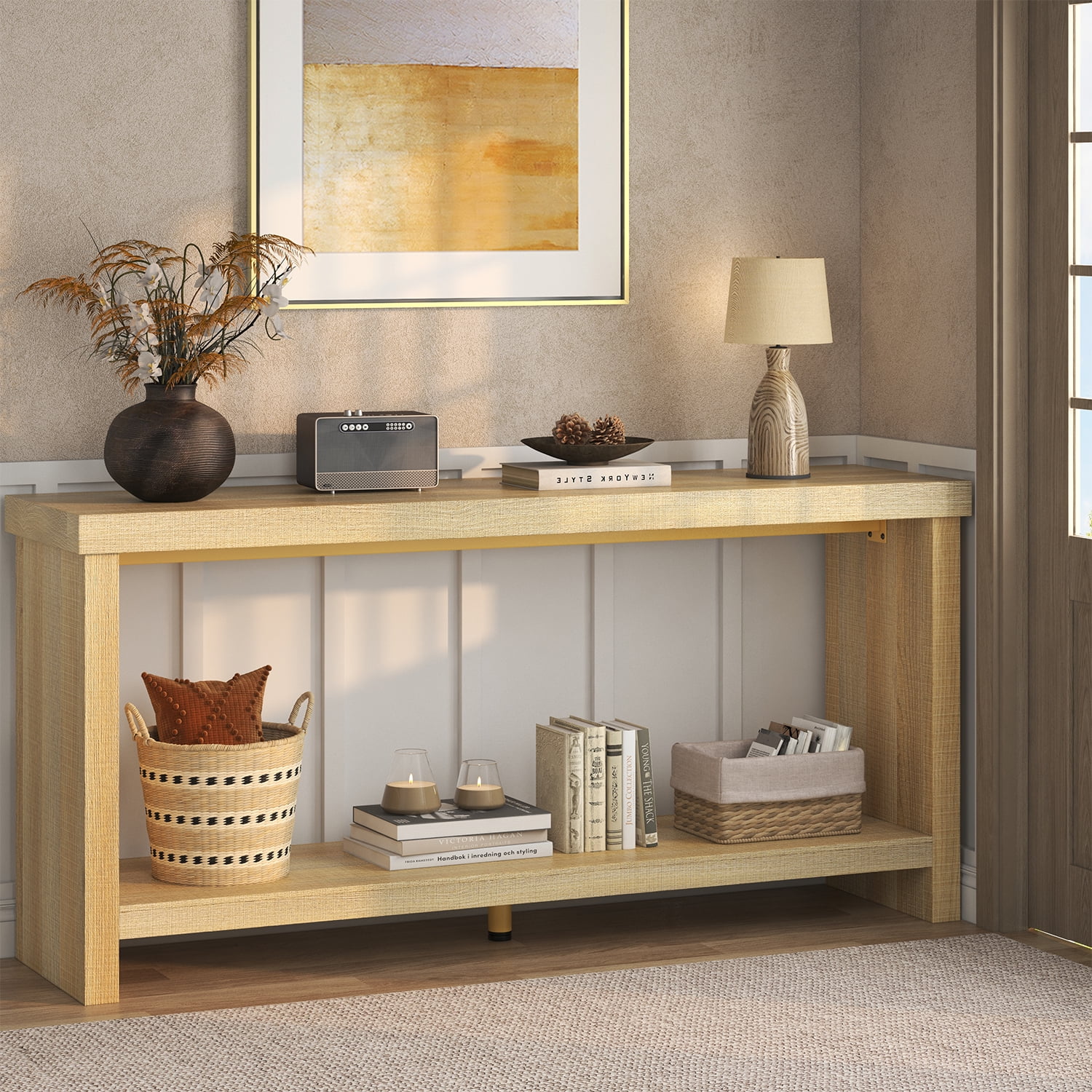 63-inch Long Console Table with 2-Tier Storage Shelves, Narrow Sofa Table Behind Couch, Farmhouse Entryway Table for Hallway & Living Room, Foyer Table in Oak Natural