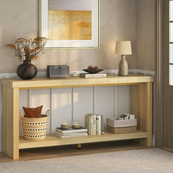 63-inch Long Console Table with 2-Tier Storage Shelves, Narrow Sofa Table Behind Couch, Farmhouse Entryway Table for Hallway & Living Room, Foyer Table in Oak Natural