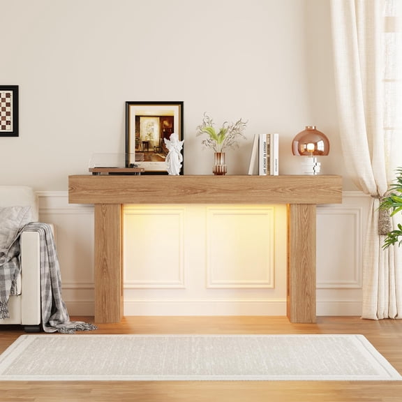 63 inch Long Console Table for Entryway, Farmhouse Sofa Hallway Table with Motion-Sensor LED Light & Thickened Top, Wooden Foyer Table for Behind Couch Living Room