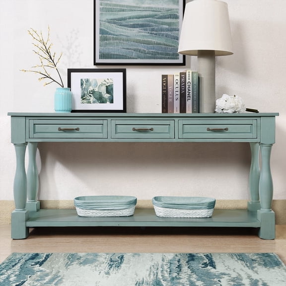 63-inch Long Solid Wood Console Table with 3 Drawers & 1 Bottom Shelf for Entryway/Hallway - Easy Assembly & Retro Blue