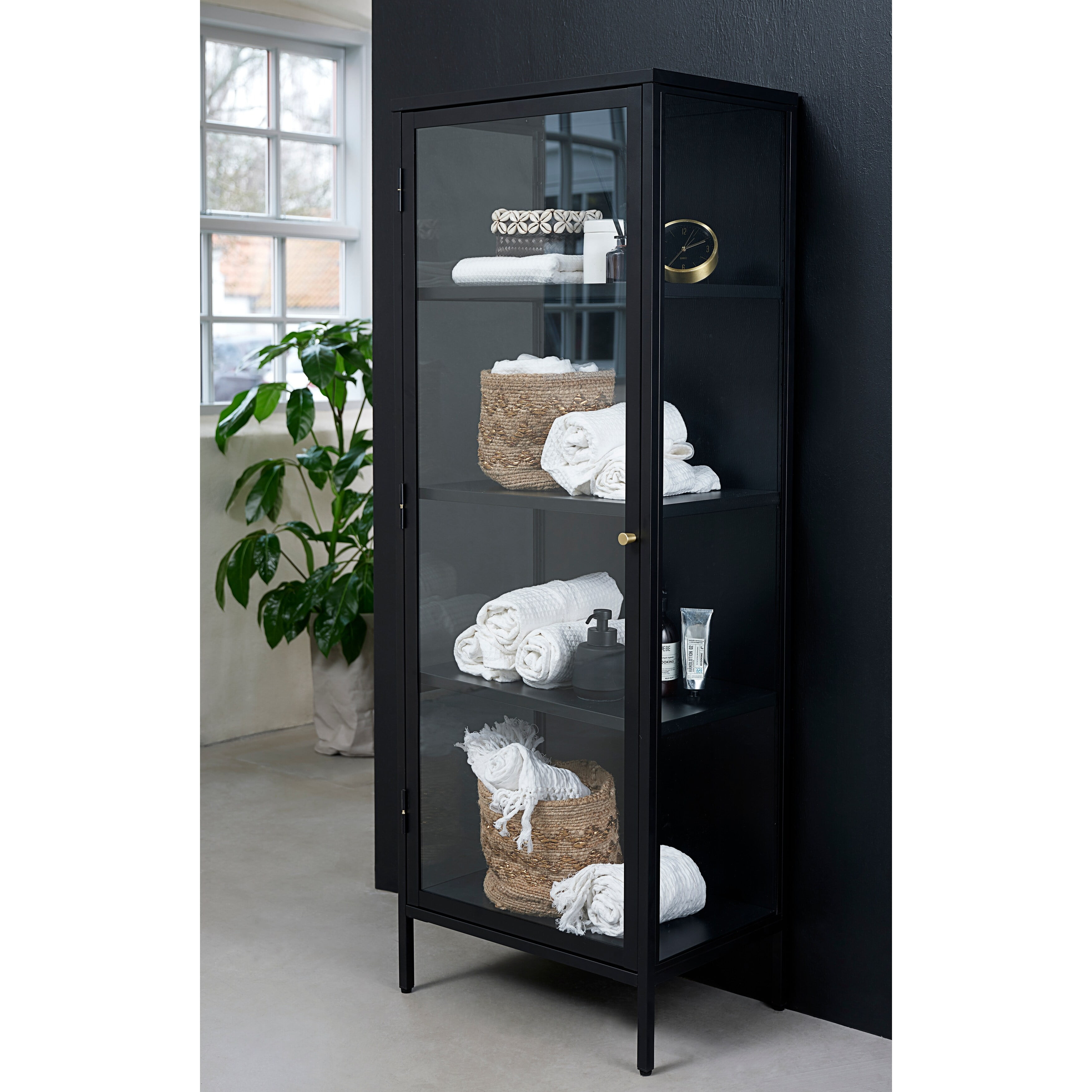 63-Inch Black Metal and Glass Display Cabinet with Brass Knobs
