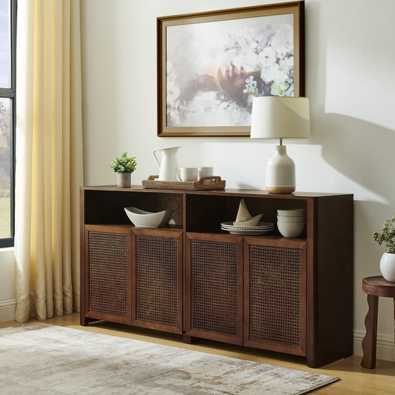 63 inch Mid Century Modern Rattan Sideboard Buffet Cabinet with Storage, Retro Coffee Bar Wine Credenza, Large Media Console Table for Living Room Entryway Kitchen, Walnut MDF