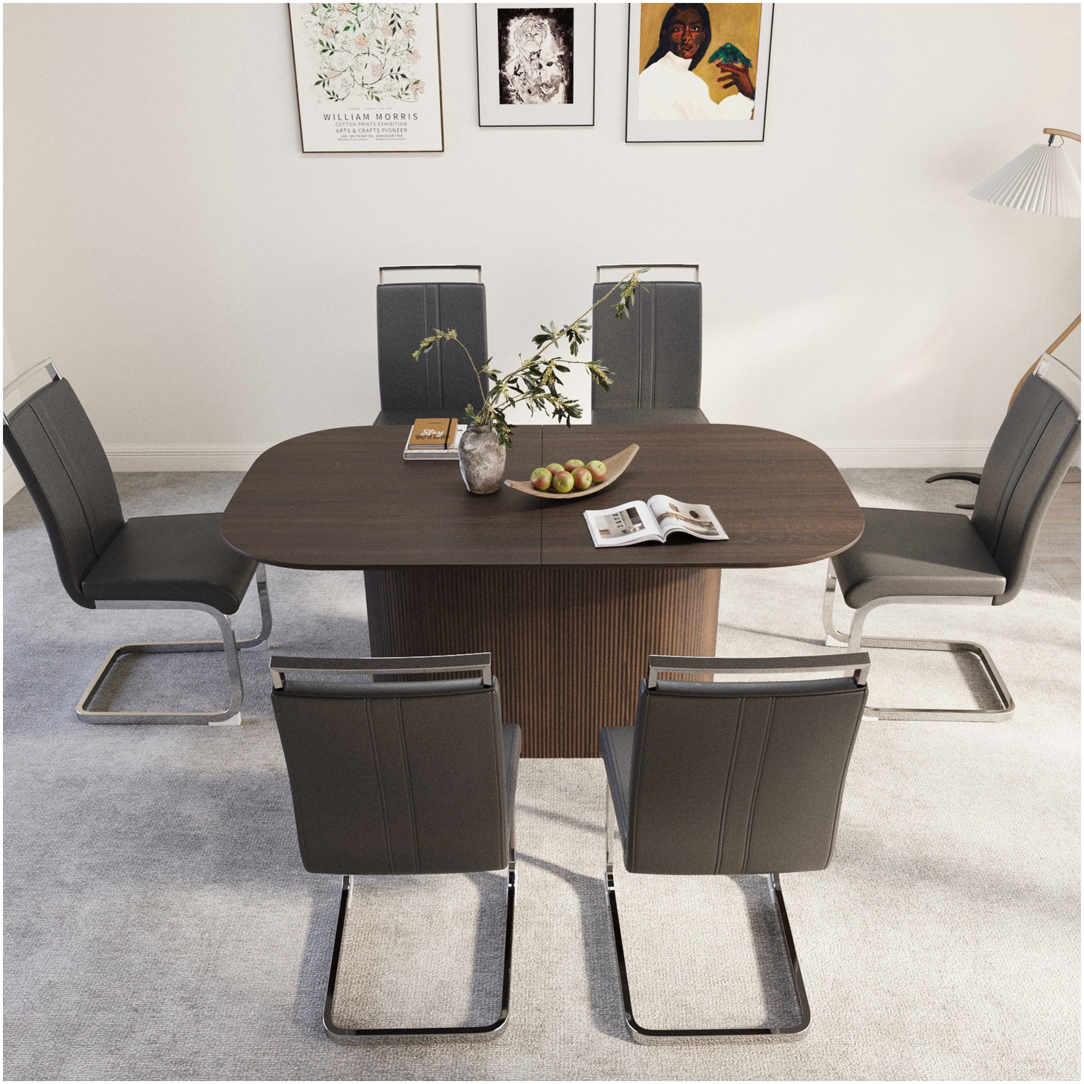 63 inch Modern Brown Dining Table Set with 6 Gray PU Chairs, MDF Top ...