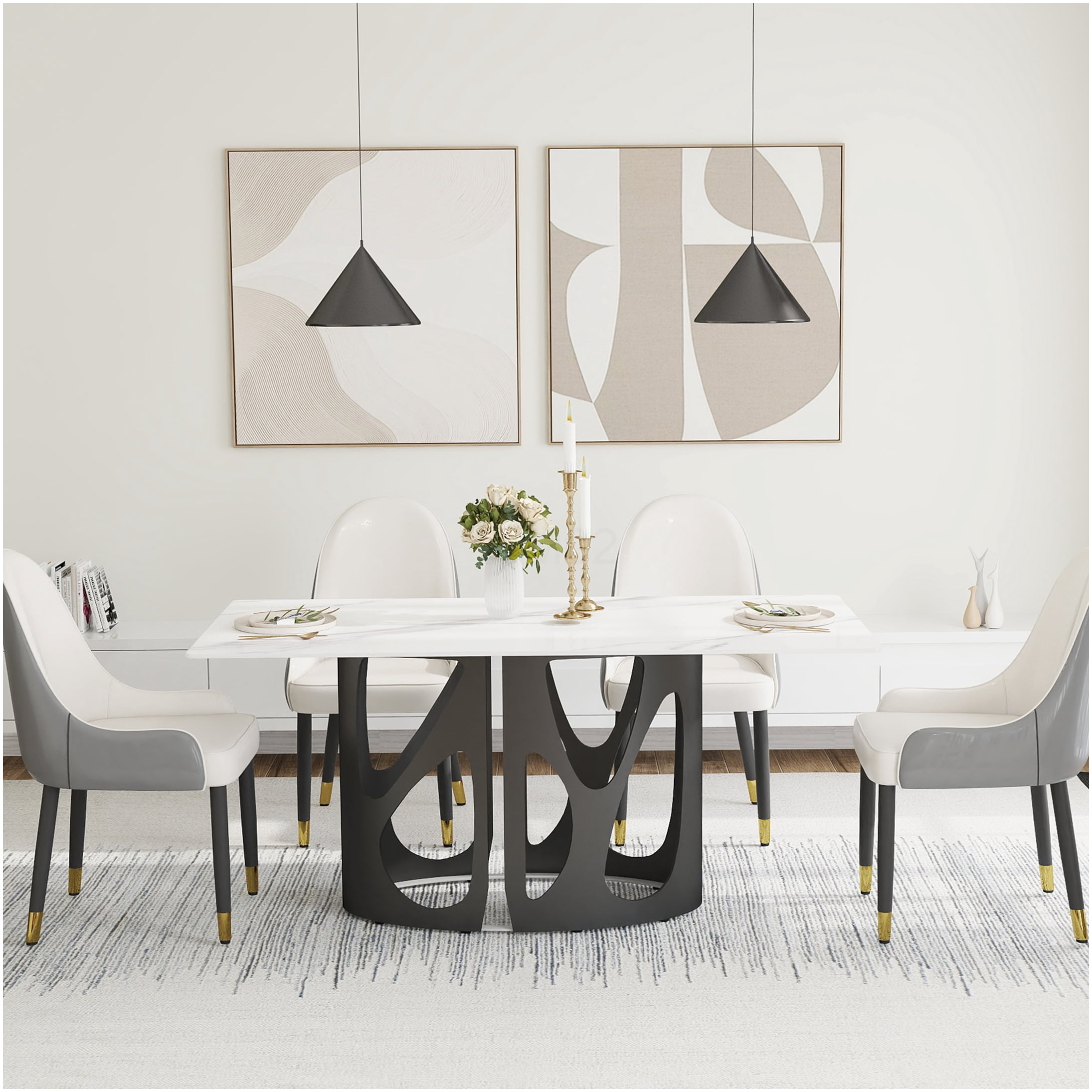 63 inch Modern White Sintered Stone Dining Table with Black Metal Legs ...