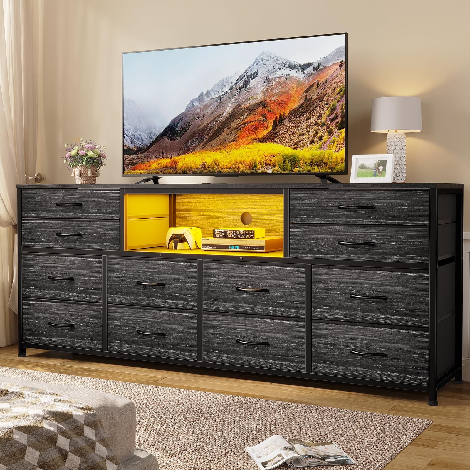 63 inch TV Stand Dresser with LED Light and Power Outlets for Bedroom , Media Console Table for 32/45/55/65 inch TVs,Entertainment Center with 12 Drawers,Black Wood Grain