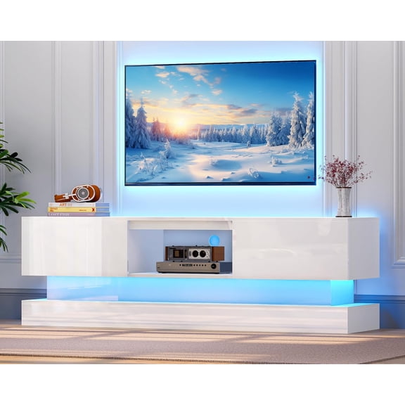 63 inch White Modern High Gloss LED TV Stand with Side Panels for 50 55 60 65 70 75 inch TV, Gaming Entertainment Center with Storage for PS5, Tall TV Cabinet for Living Room, Bedroom