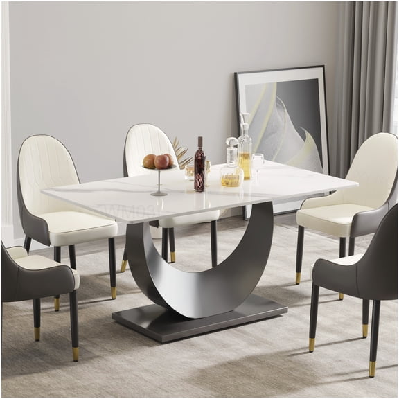 63 inch White Sintered Stone Dining Table, Modern Rectangle Table with Black Crescent Legs for 8 People