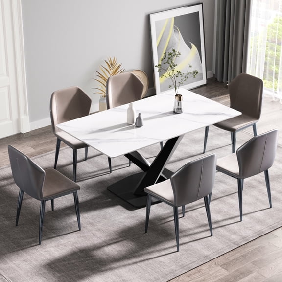 63-inch White Sintered Stone Rectangular Dining Table With Solid Black Metal For 6 Steady , Holds People