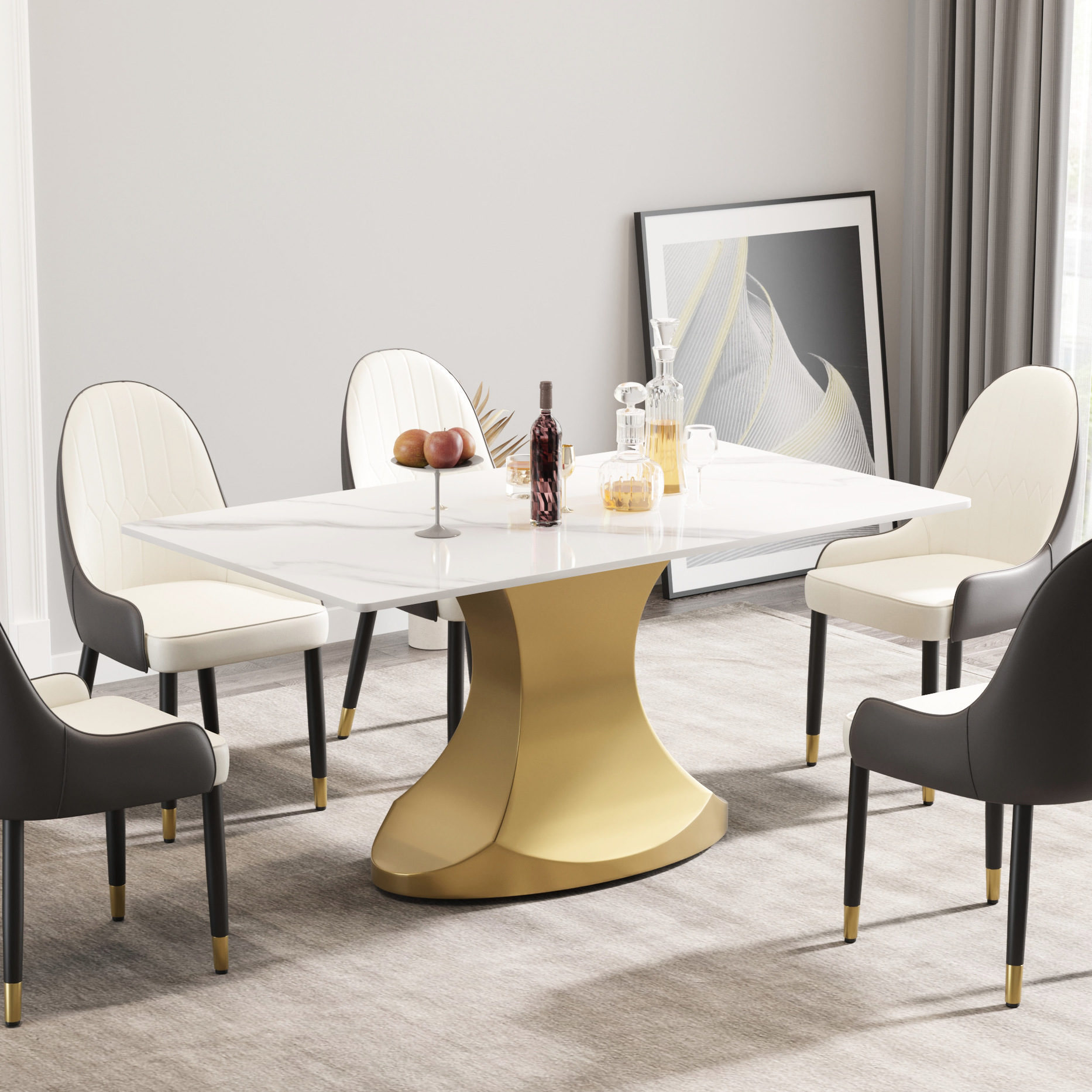 63 - inch white sintered - stone rectangular dining table with golden ...