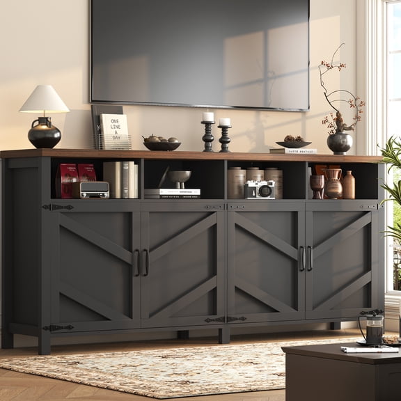 63-inches Farmhouse Buffet Sideboard with 4 Doors, Large Kitchen Storage Cabinet with Adjustable Shelves, Rustic Wood Coffee Bar Cabinet for Dining Room, Entryway, Buffet Cabinet, Black & Walnut