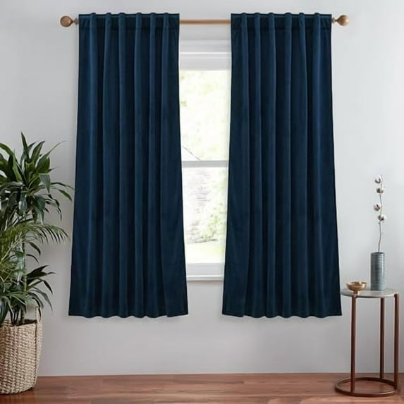 63 inches Navy Blue Blackout Curtains Soft Heavy Thermal Insulated Velvet Curtains, Back Tab Room Darkening Privacy Drapes for Living Room/Kitchen Window, W52 x L63, 2 Panels