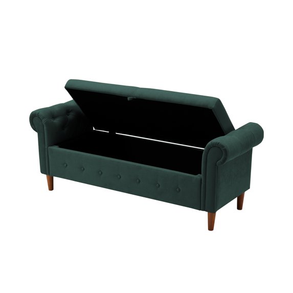 63 inches Storage Bench, Cotton and Linen Fabric End of Bed Bench with Rolled Arms and Button Decor, Upholstered Ottoman for Bedroom Living Room and Entryway, Green