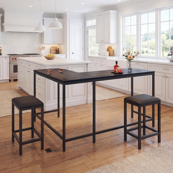 63" l-Shaped Convertible Bar Table Set with Power Outlets, 3-Piece Counter Height Dining Set for 2-4, Space Saving Kitchen Breakfast Nook Corner Table with 2 Stools,Rustic Brown