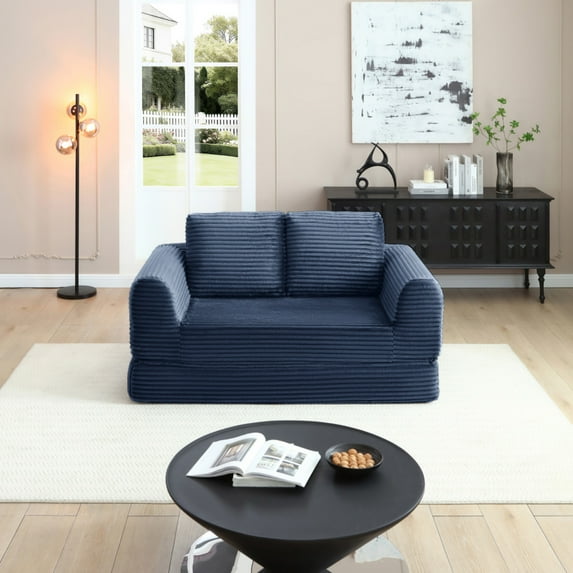 63" loveseat, 2-in-1 Folding Convertible Sofa Bed, Blue Modern Corduroy Sleeper Couch with 2 pillows for Living Room