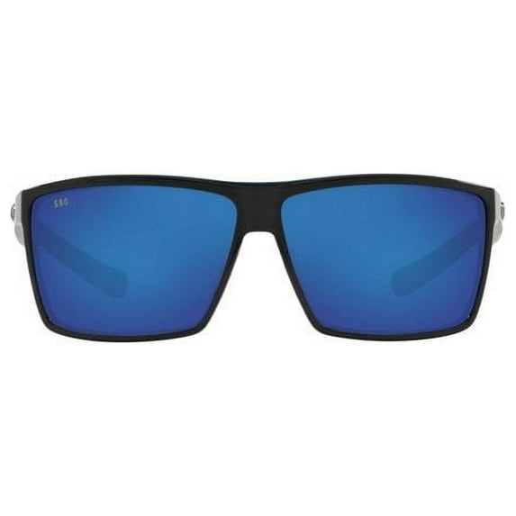 63 mm Rincon Rectangular Sunglasses for Mens, Shiny Black & Blue Mirror Polarized
