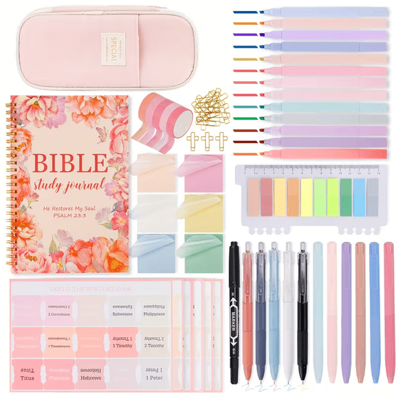 63 pcs Bible Study Journaling Kit with Highlighters, Markers, Labels, Prayer Cards, Journal and Pen Pouch for Women