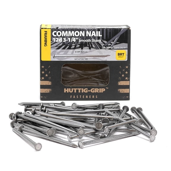 63 pcs Huttig-Grip 3-1/4 in Framing Common Nails 12d, Bright Finish, 1 lb Pack