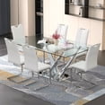 thumbnail image 1 of 63" rectangele Glass Dining Table Sets for 6,Modern Dining Table with Silver base and 6 Silver Leg PU Chairs Room Set for Kitchen Dining Room,Living room,Glass table and White Chairs, 1 of 8