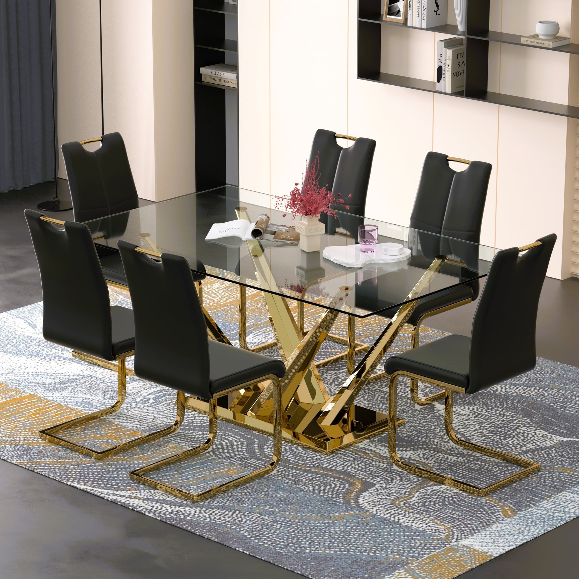 63" rectangele Glass Dining Table Sets for 6,Modern Dining Table with ...