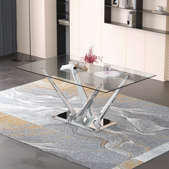 63" rectangele Glass Dining Table with Silver Leg