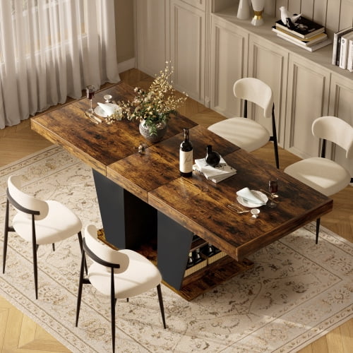63" to 78.7" Extendable Rustic Dining Table, Mid-Century Modern Wood Kitchen Table with Storage Shelves, Seats 8-10, Rustic Brown & Black