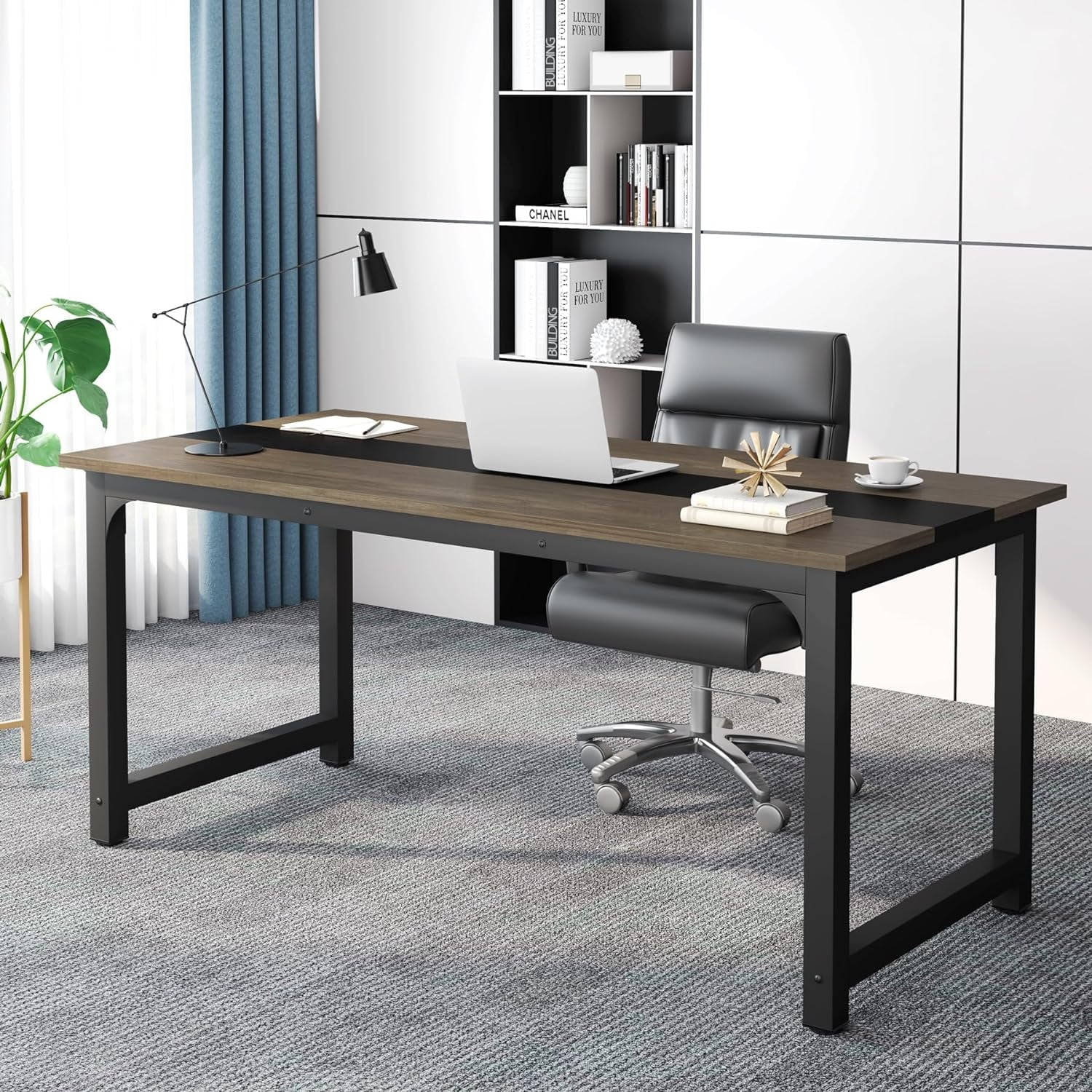 63" Rustic Brown and Black Wood Office Desk with Filing Cabinet